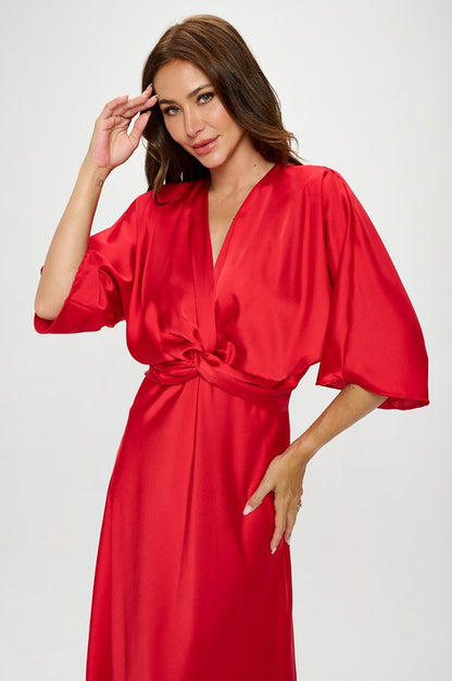 RENEE C. Red Satin Stretch Solid Dress with Front Twis