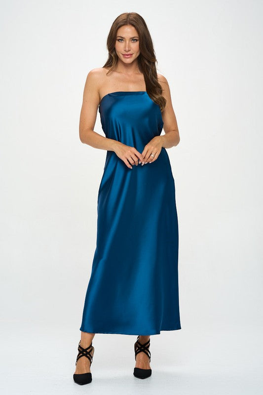 RENEE C. Teal Silky Satin Tube Draped Dress