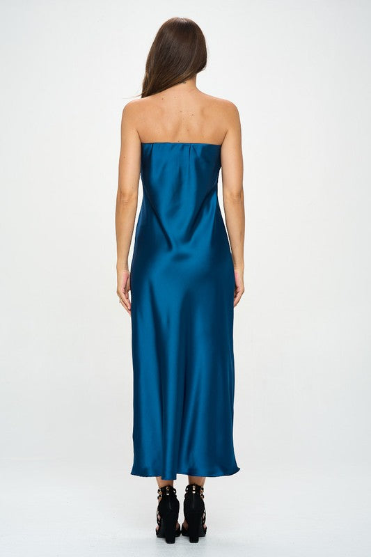 RENEE C. Teal Silky Satin Tube Draped Dress