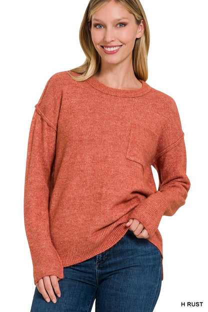 ZENANA Melange Hi-Low hem Round Neck Sweater