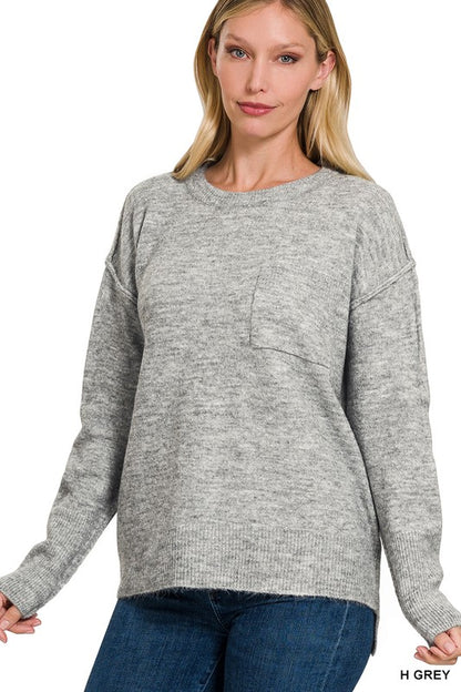 ZENANA Melange Hi-Low hem Round Neck Sweater