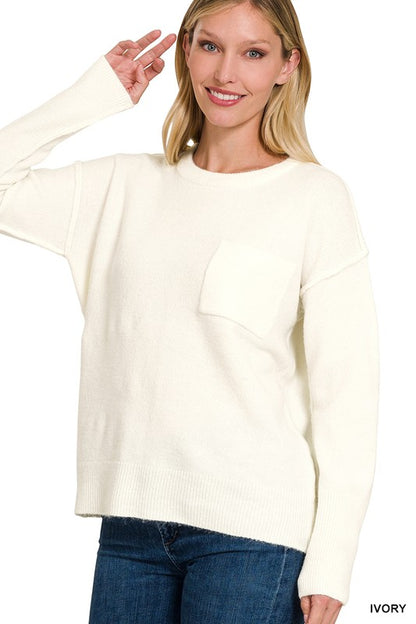 ZENANA Melange Hi-Low hem Round Neck Sweater