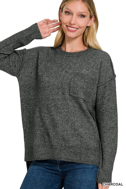 ZENANA Melange Hi-Low hem Round Neck Sweater