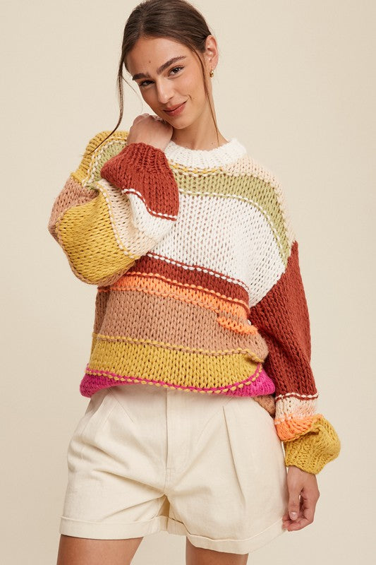 LISTICLE Open Mixed Knit Slouchy Hand Crochet Sweater