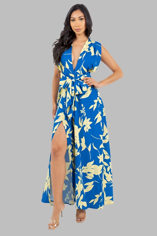 CLAUDE Sexy Floral Maxi Sundress with High Split