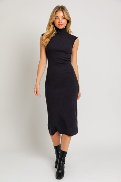 LE LIS Mock Neck Sweater Midi Dress with Back Slit