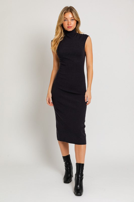 LE LIS Mock Neck Sweater Midi Dress with Back Slit