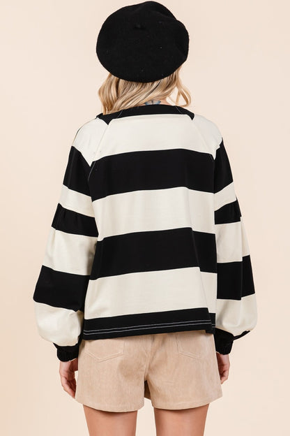 Mittoshop Black & Ivory Striped Snap Shoulder Sweater