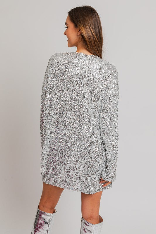 LE LIS Long Sleeve Silver Mini Party Sequin Dress