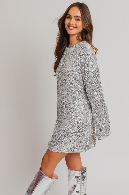 LE LIS Long Sleeve Silver Mini Party Sequin Dress