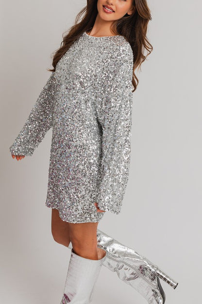 LE LIS Long Sleeve Silver Mini Party Sequin Dress