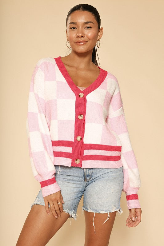 MISS SPARKLING Women's Pink Buttoned-down Checkered Knit cardigan