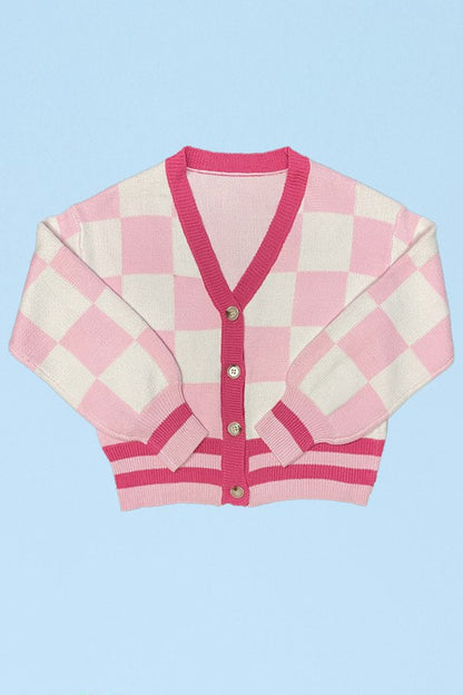 MISS SPARKLING Women's Pink Buttoned-down Checkered Knit cardigan