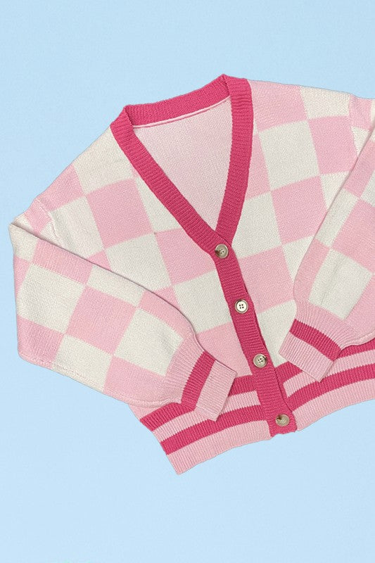 MISS SPARKLING Women's Pink Buttoned-down Checkered Knit cardigan