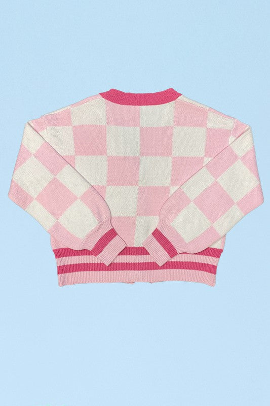 MISS SPARKLING Women's Pink Buttoned-down Checkered Knit cardigan