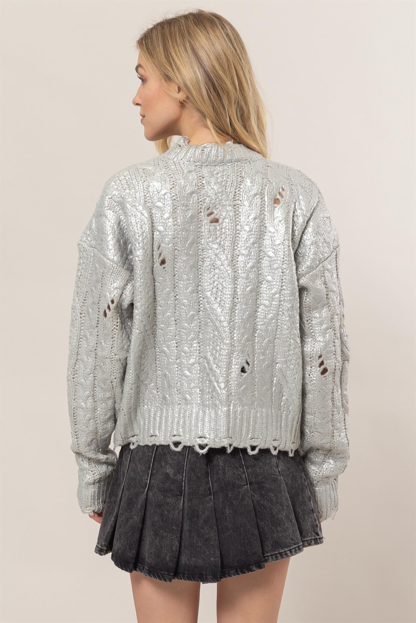 HYFVE Distressed Cable-Knit Round Neck Long Sleeve Sweater in Silver