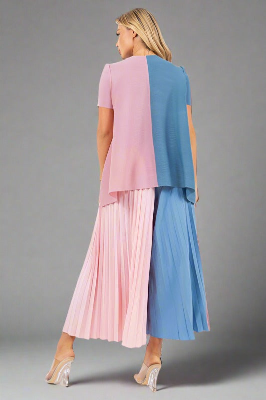 CLAUDE 2 Pieces Color Block Top & Pleated Palazzo Pants Set