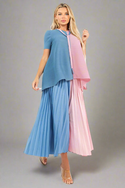 CLAUDE 2 Pieces Color Block Top & Pleated Palazzo Pants Set