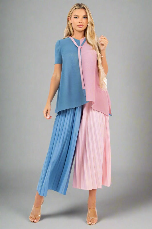 CLAUDE 2 Pieces Color Block Top & Pleated Palazzo Pants Set