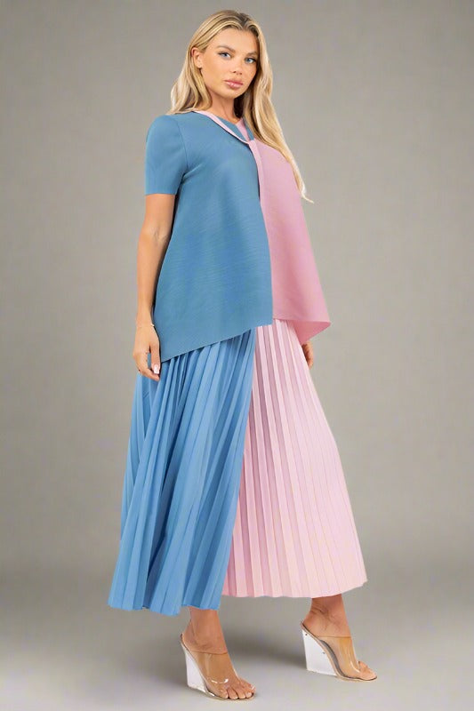 CLAUDE 2 Pieces Color Block Top & Pleated Palazzo Pants Set