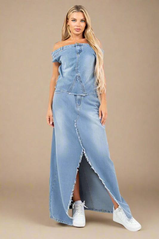 CLAUDE 2 Pieces Denim Off-the-Shoulder Top & Skirt Set