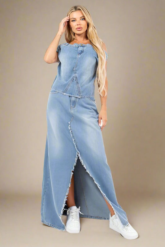 CLAUDE 2 Pieces Denim Off-the-Shoulder Top & Skirt Set