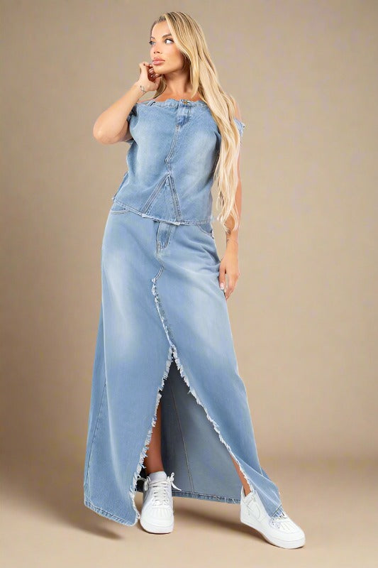 CLAUDE 2 Pieces Denim Off-the-Shoulder Top & Skirt Set