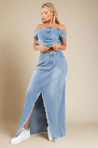 CLAUDE 2 Pieces Denim Off-the-Shoulder Top & Skirt Set