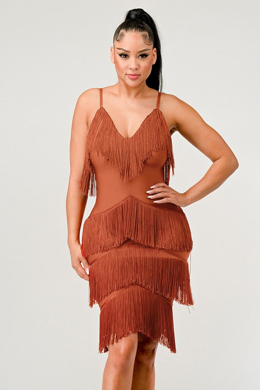 ATHINA Mini Brown Vintage Bandage Dress with Tassels