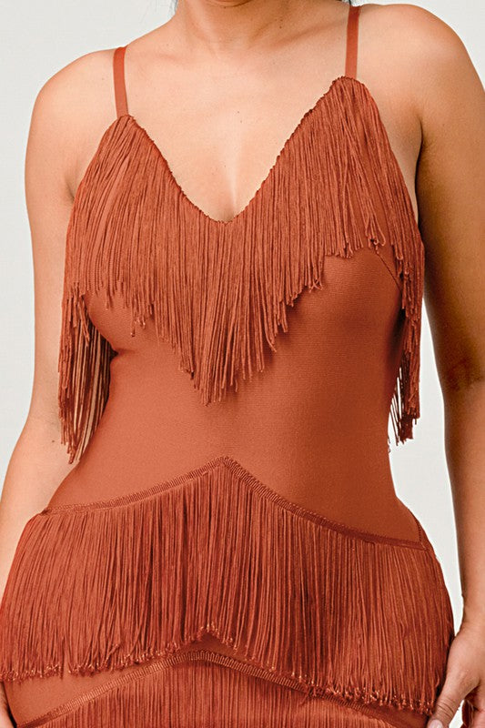 ATHINA Mini Brown Vintage Bandage Dress with Tassels