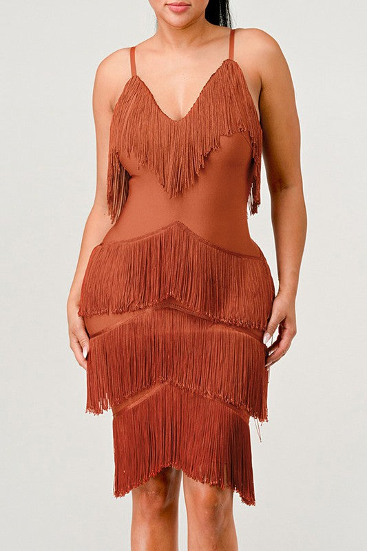 ATHINA Mini Brown Vintage Bandage Dress with Tassels