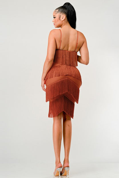 ATHINA Mini Brown Vintage Bandage Dress with Tassels