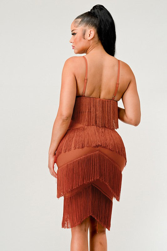 ATHINA Mini Brown Vintage Bandage Dress with Tassels