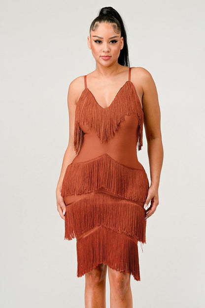 ATHINA Mini Brown Vintage Bandage Dress with Tassels