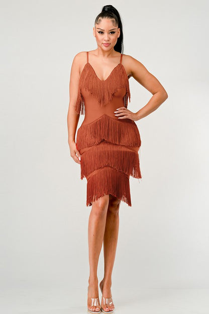 ATHINA Mini Brown Vintage Bandage Dress with Tassels