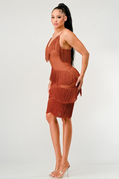 ATHINA Mini Brown Vintage Bandage Dress with Tassels