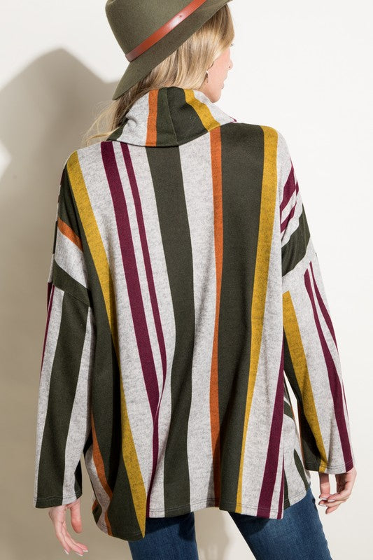 E LUNA Turtleneck Striped Oversized Top