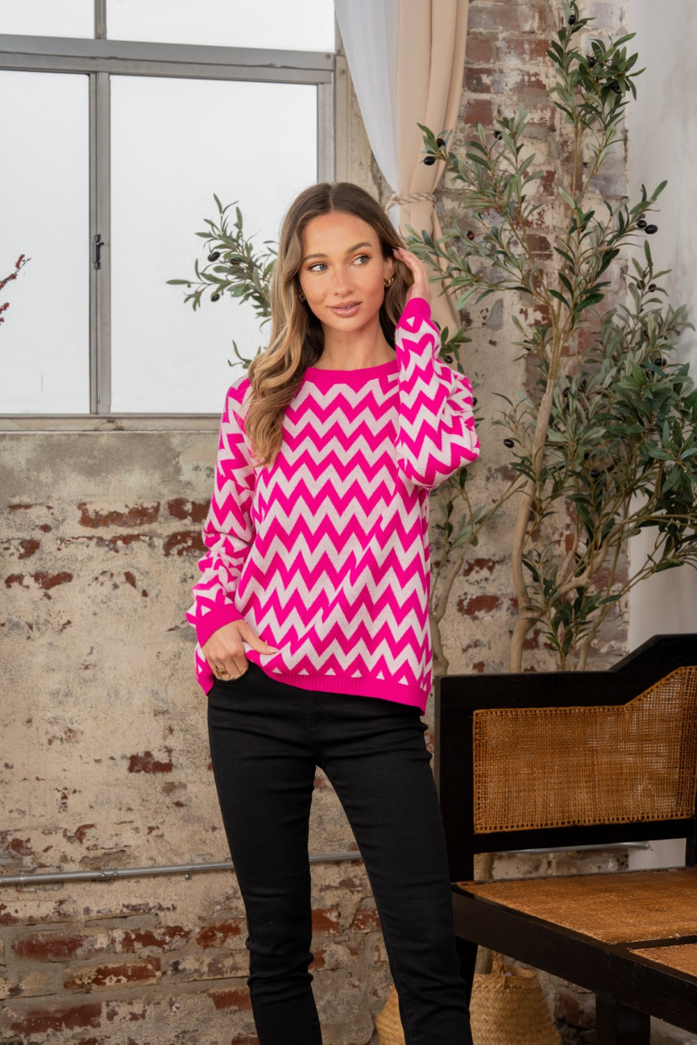 SEW IN LOVE Full Size Wave Stripe Contrast Long Sleeve Sweater