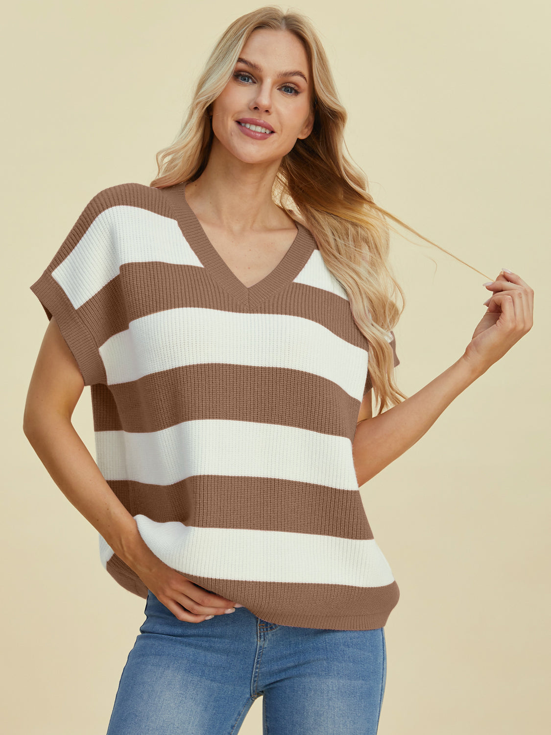 DOUBLE TAKE Full Size Striped V-Neck Short Sleeve Sweater