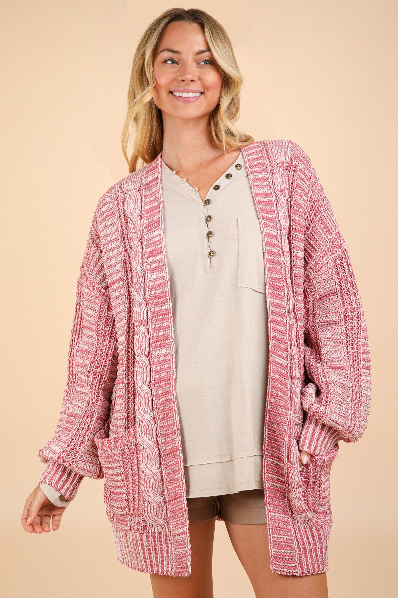 VERY J Cable Knit Open Front Cardigan in Brick color