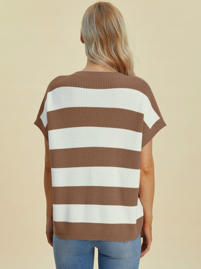 DOUBLE TAKE Full Size Striped V-Neck Short Sleeve Sweater