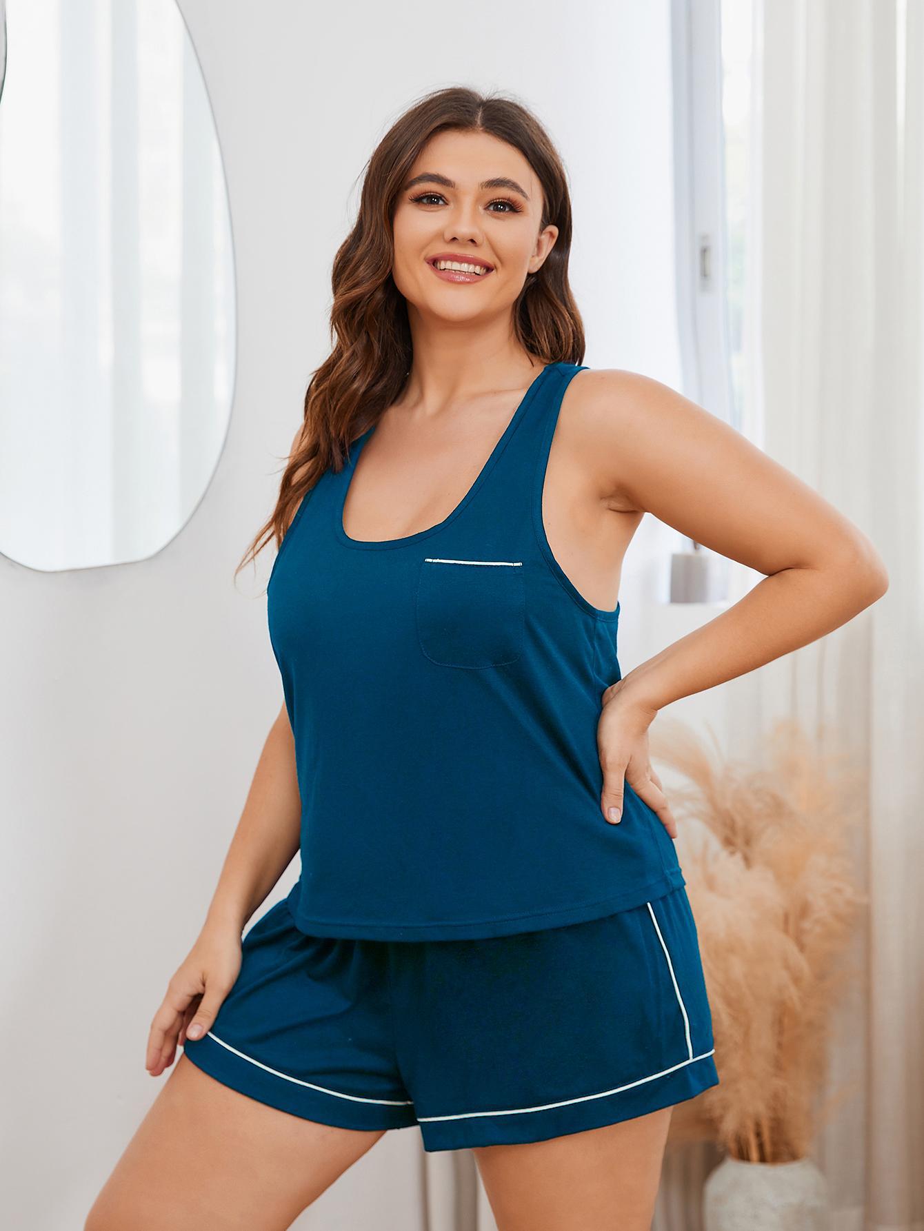 H2J Plus Size Contrast Piping Racerback Tank and Shorts Lounge Set-up to 4XL