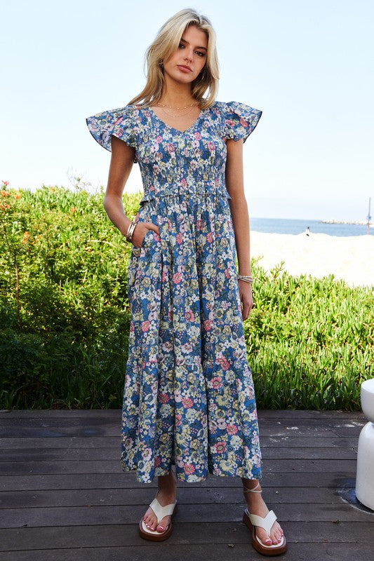 DAVI & DANI Vintage Garden Floral Flutter Smocking Midi Dress