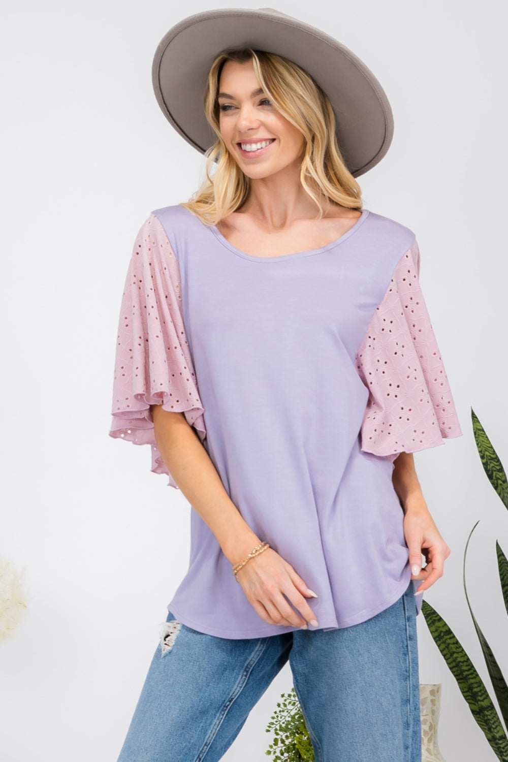 CELESTE Full Size Contrast Eyelet Ruffle Sleeve Blouse