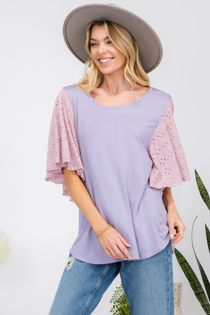 CELESTE Full Size Contrast Eyelet Ruffle Sleeve Blouse