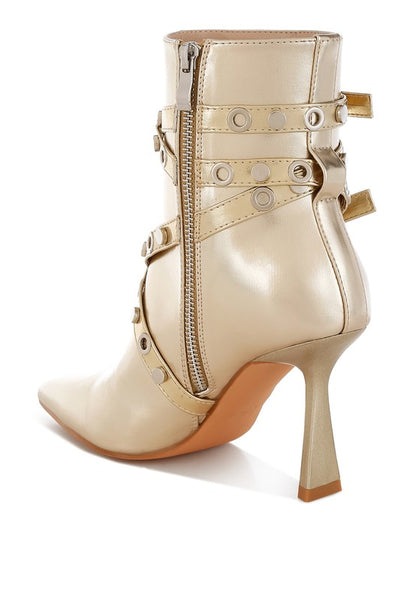 RAG & Co. Gold Metallic Ankle Heels Boot with Jaunts Eyelets & Studs Harness