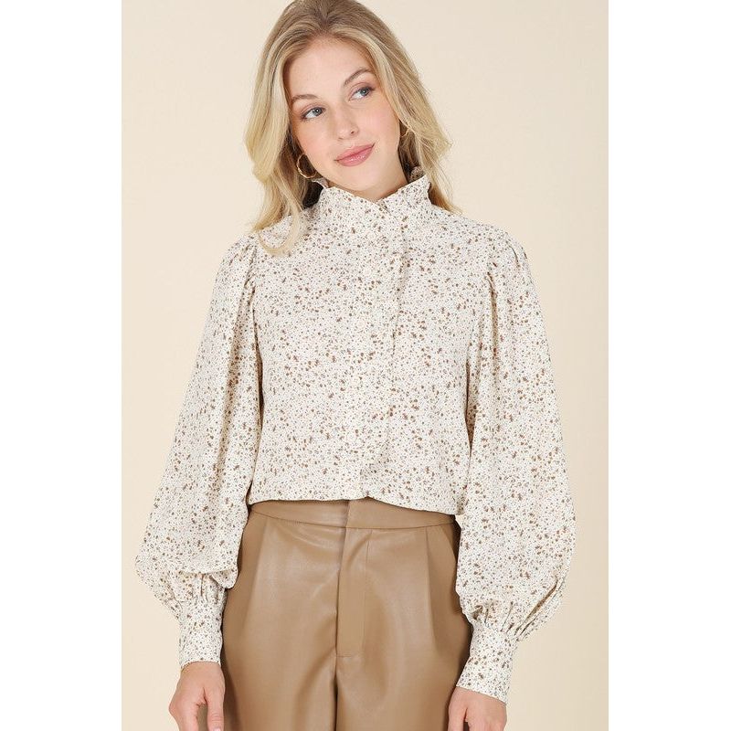 LILOU Stand Collar Floral Frill Blouse