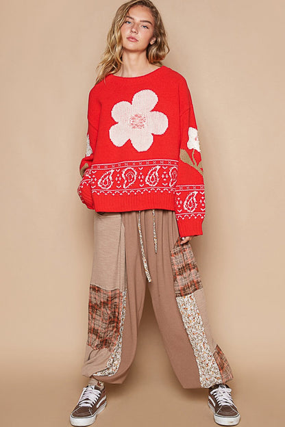 POL Red Flower Lace Patch Long Sleeve Sweater