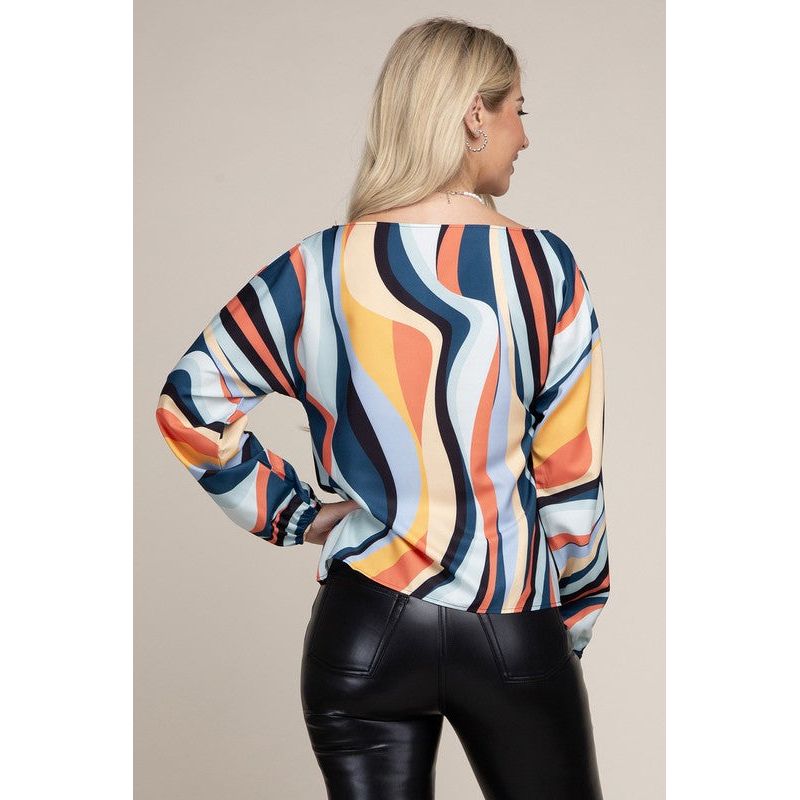 Colorblock Boat Neck Bishop Sleeve Blouse