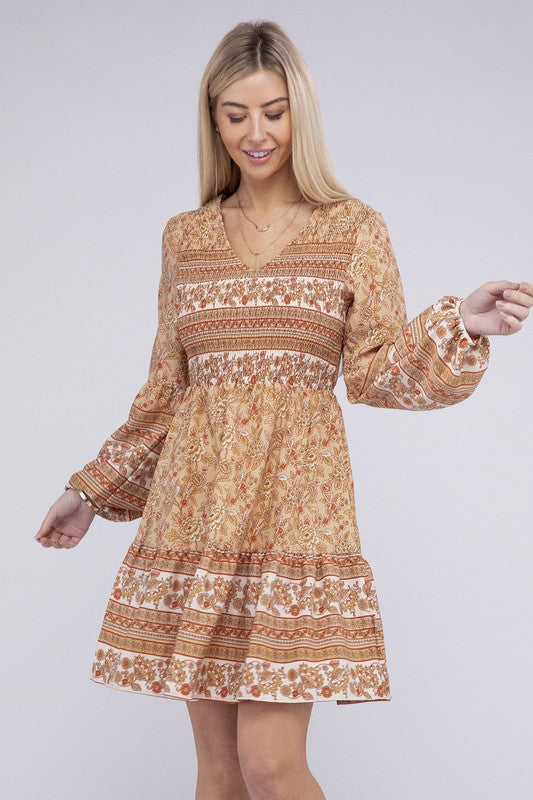 NUVI APPAREL Smocked Beige Long Sleeve Mini Boho Dress